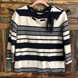 Maison Jules Nautical Navy White Striped Sweater Top Girlie Bow 100% Cotton M